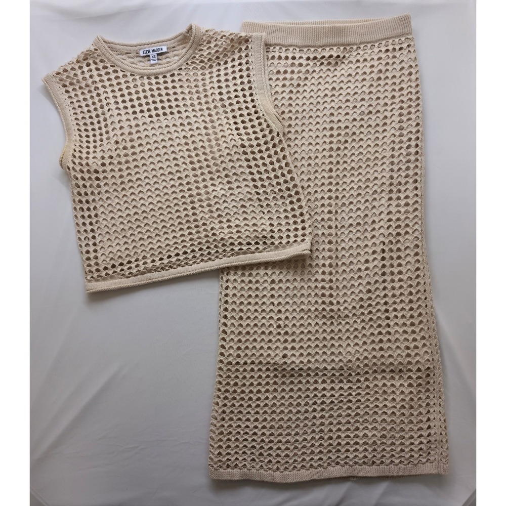 Steve Madden Beige Crochet Knit 2 Piece Set Crop Top & Midi Skirt XS